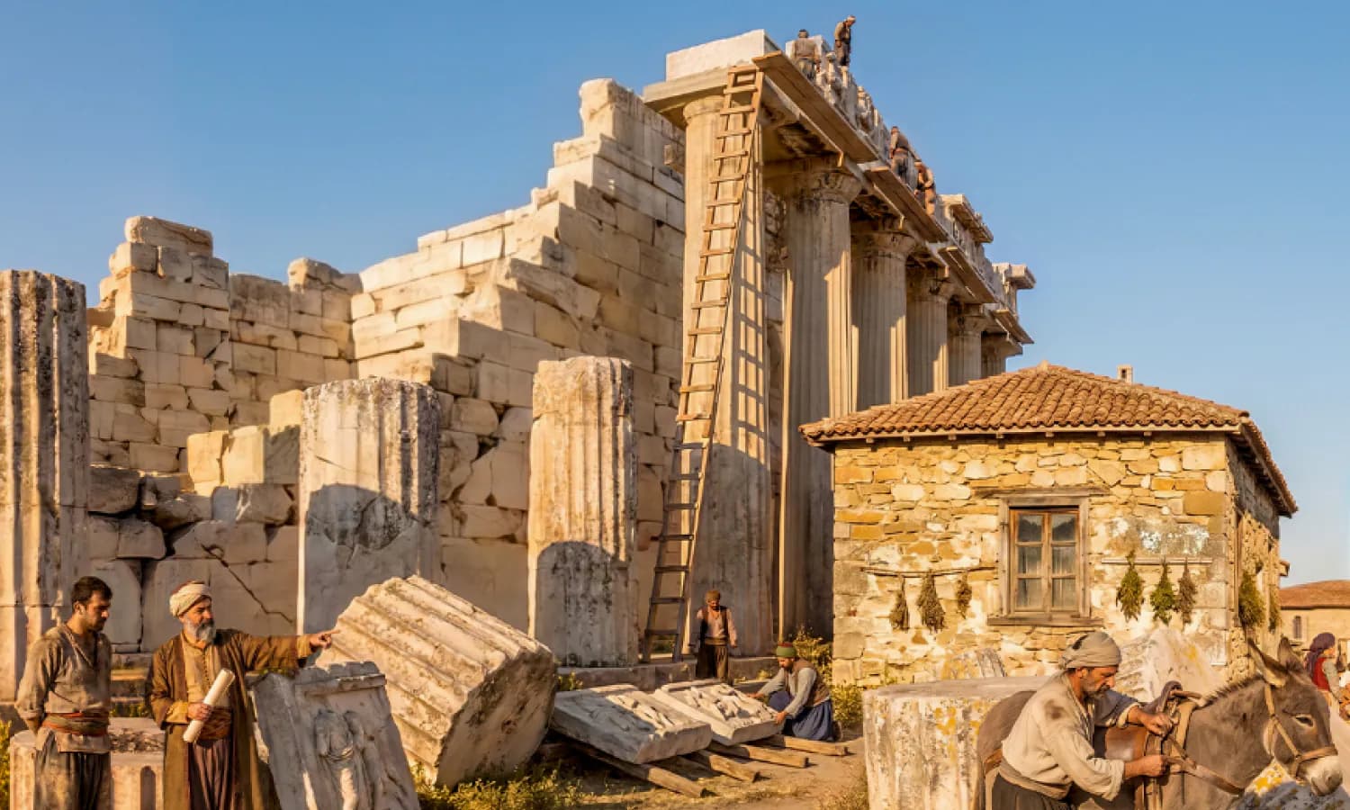 TimeLens reconstruction of Giovanni Battista Lusieri oversees the removal of the 'Elgin Marbles' from the Parthenon.