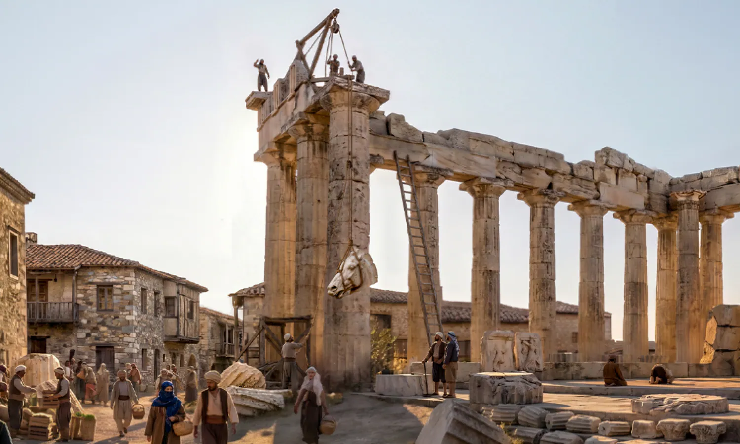 TimeLens reconstruction of the Parthenon in Ottoman times, with scaffolding used to remove the marbles