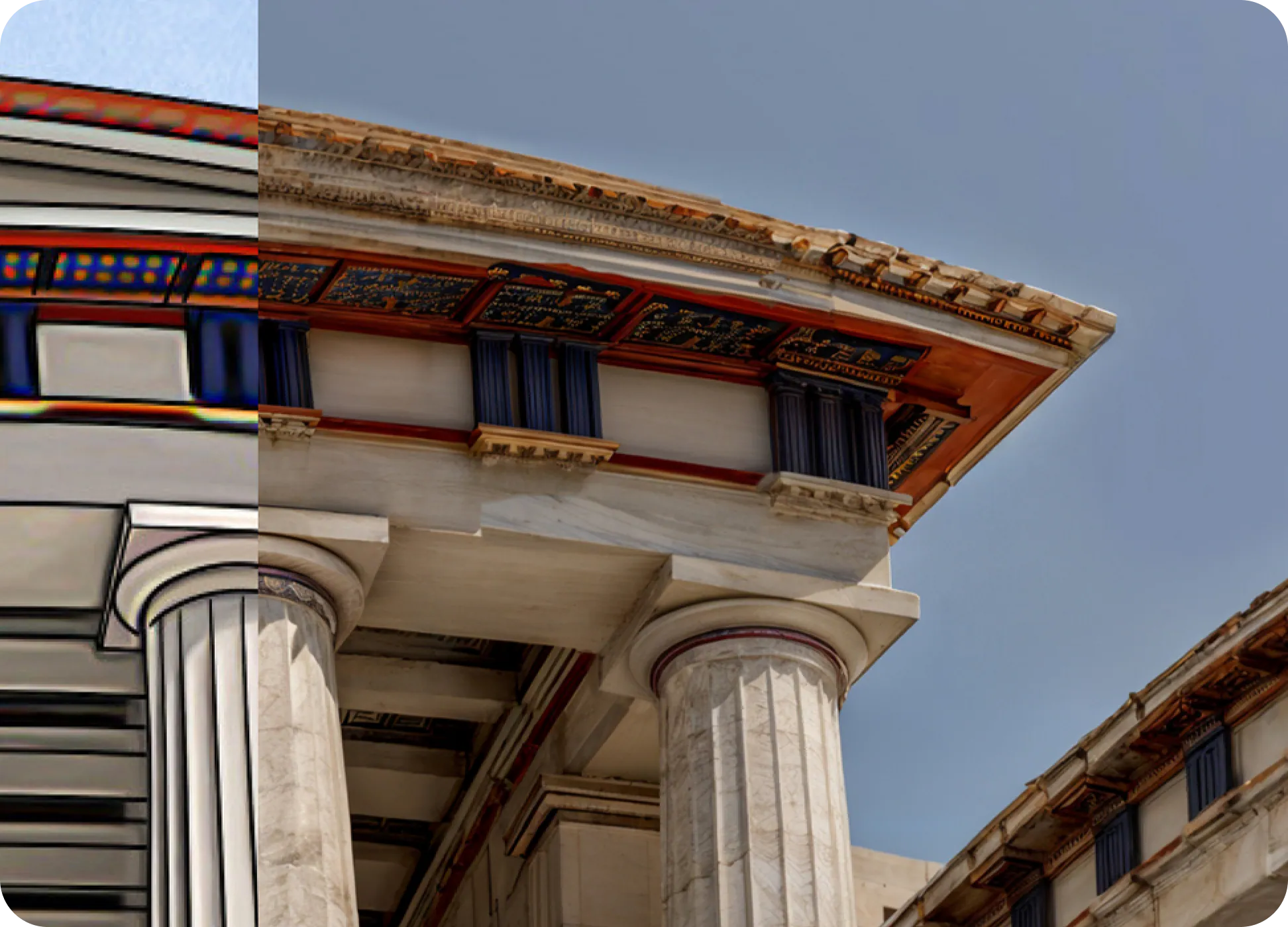 The old and new TimeLens versions of the Propylaea side by side