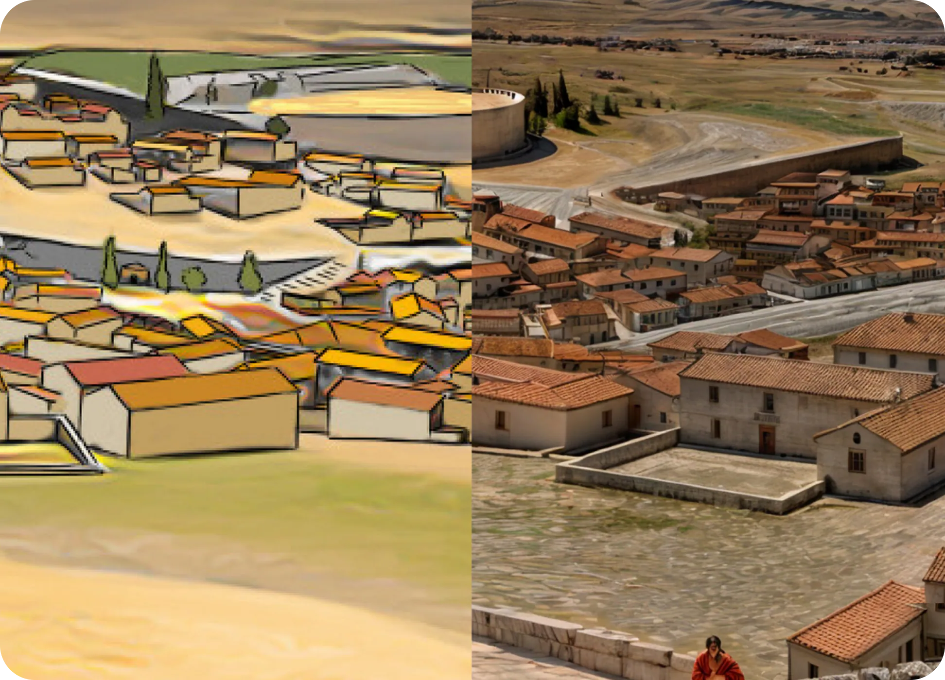 The old and new TimeLens versions of the city of Athens below the Propylaea side by side