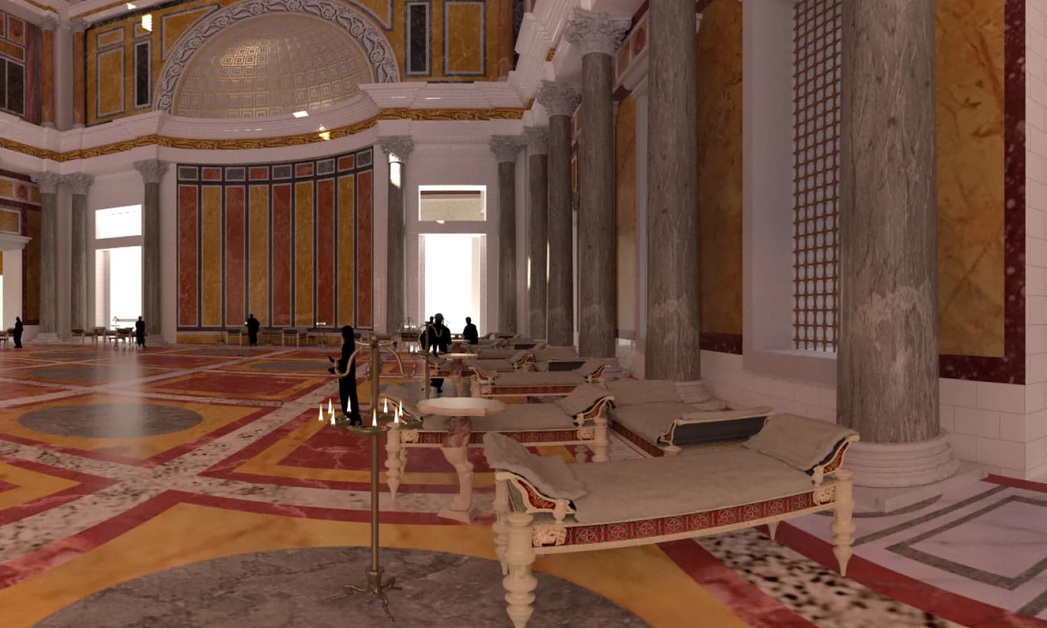 TimeLens Rekonstruktion der Cenatio Iovis, des Speisesaals Domitians, mit Speiseliegen auf einem Boden aus farbigem Marmor