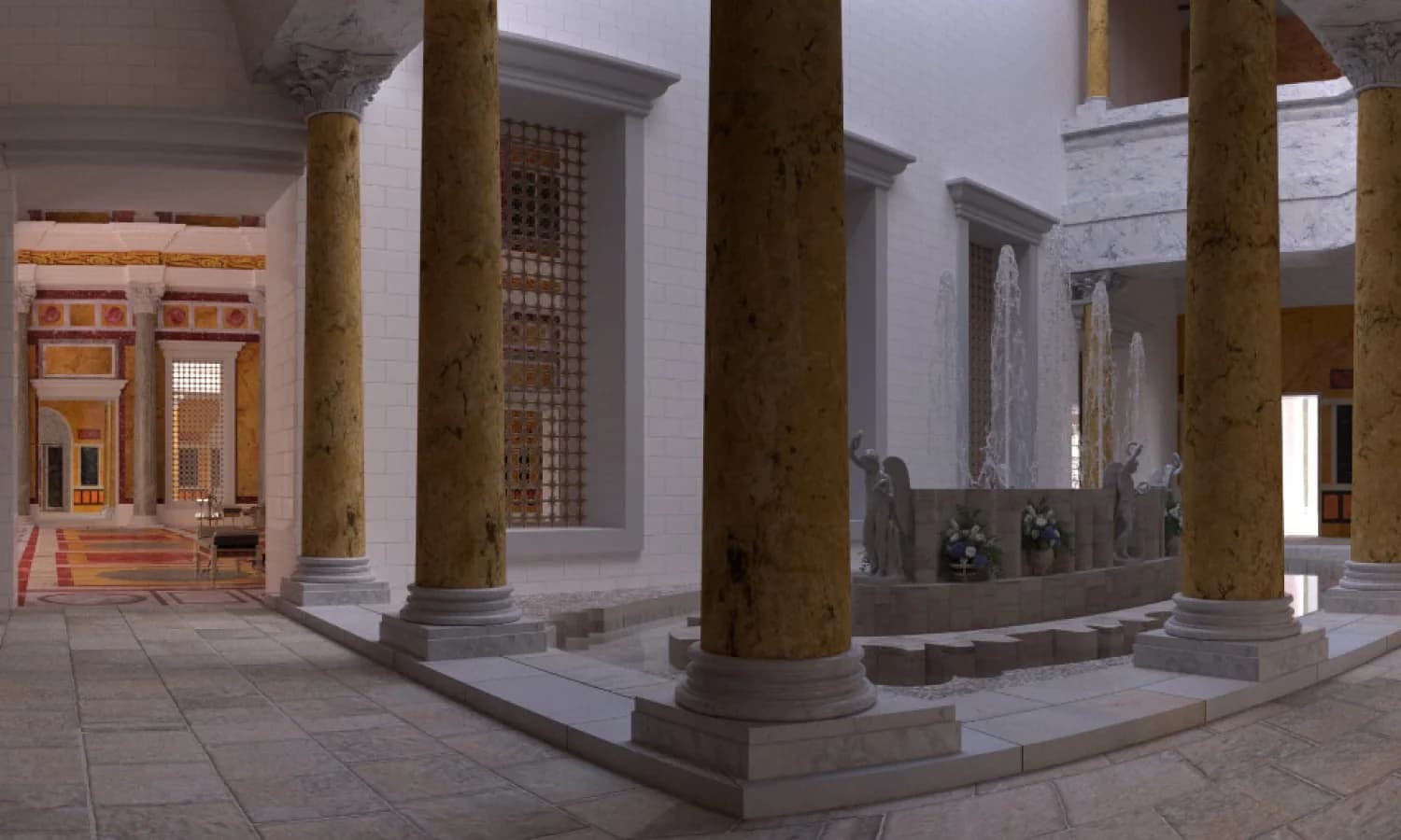 TimeLens Rekonstruktion eines römischen Brunnensaals im Domitianspalast, mit goldgelben Säulen um die Wasserstrahlen