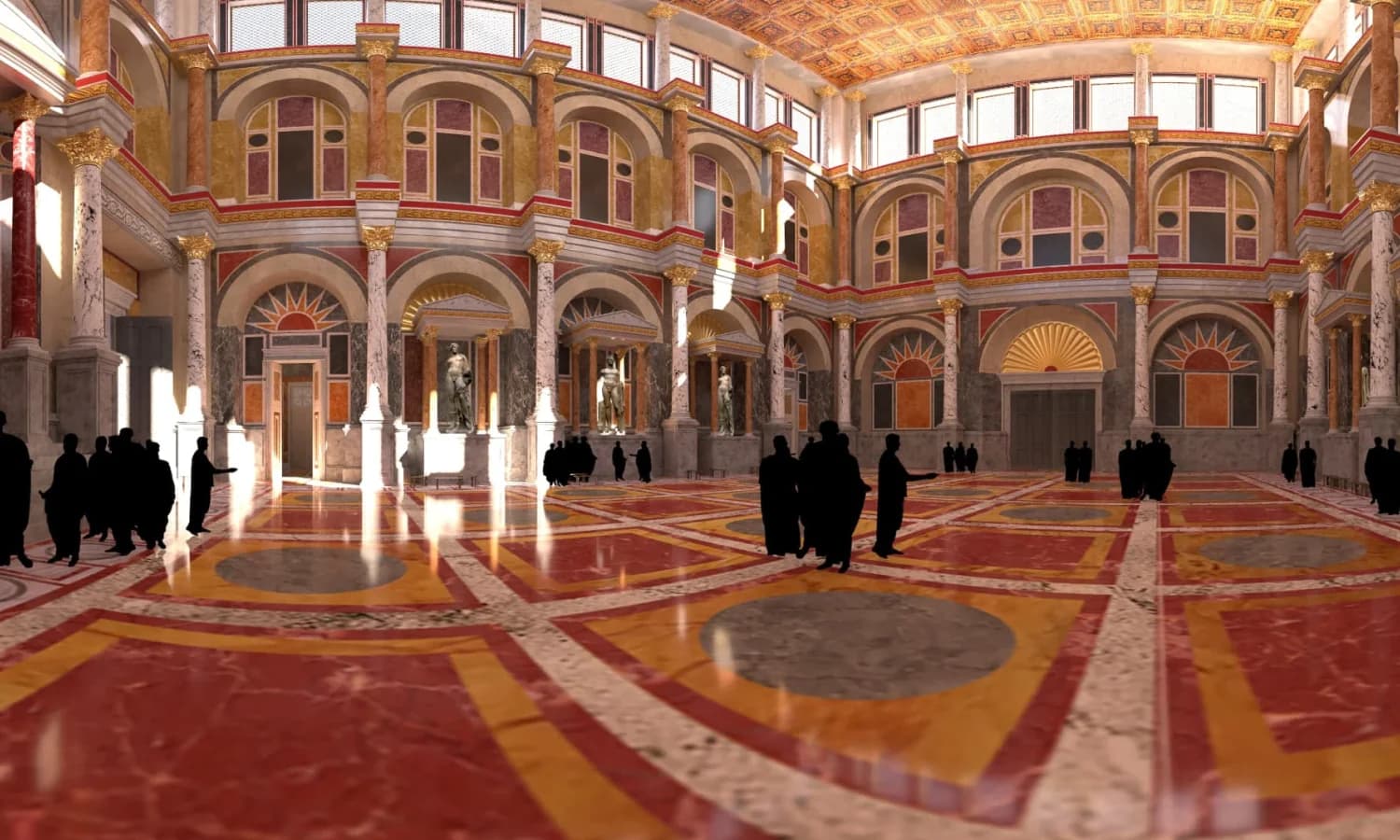TimeLens reconstruction of the Aula Regia, Domitian's throne room, with colossal statues and a floor of red and grey marble