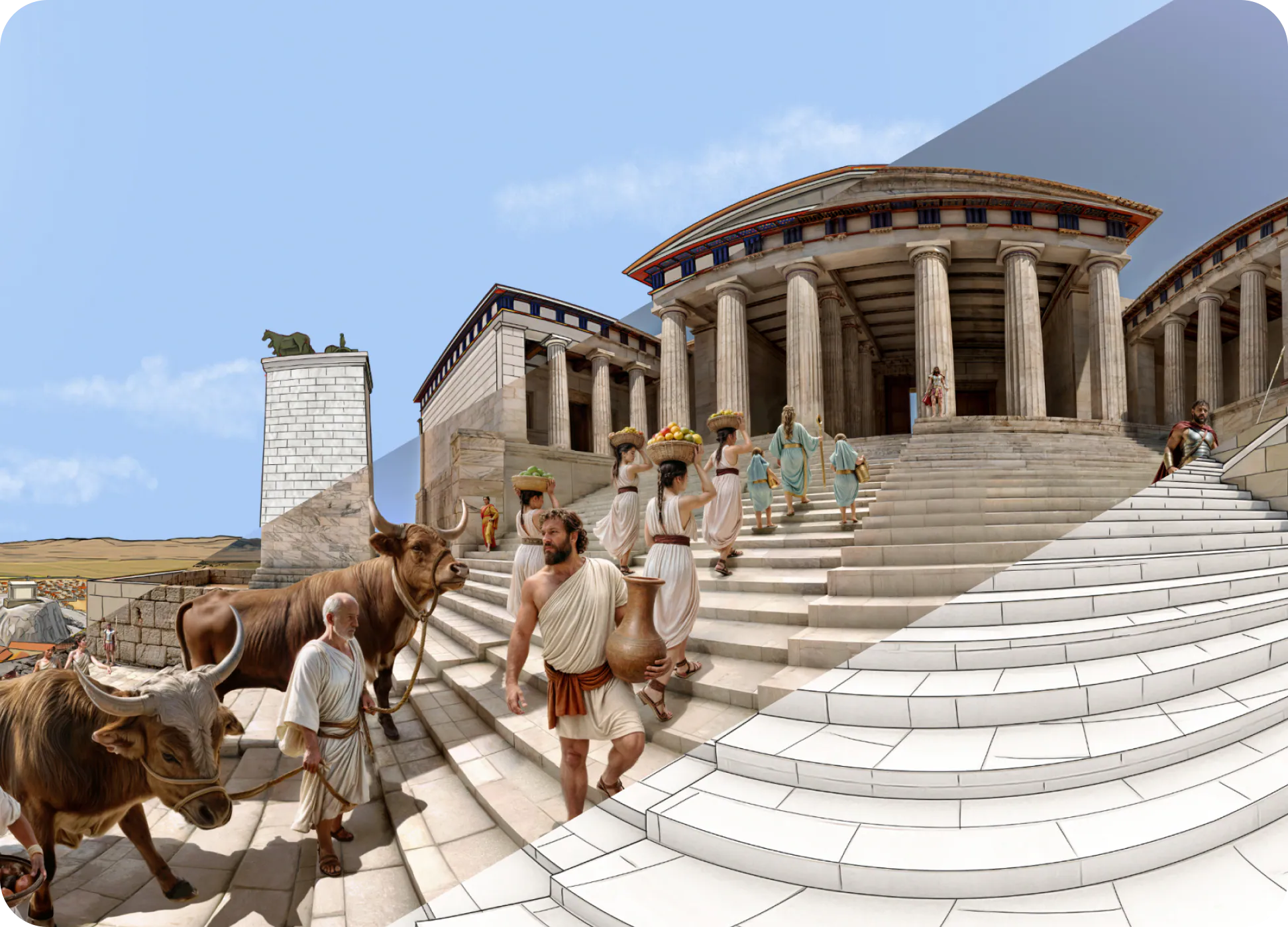 The previous and upgraded TimeLens panorama of the Panathenaic procession side by side