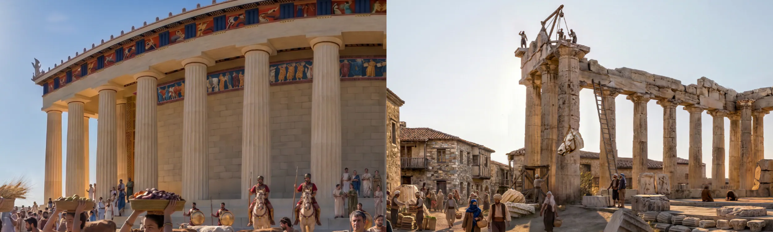 TimeLens reconstructions of the Parthenon fully intact and years after the explosion of 1687