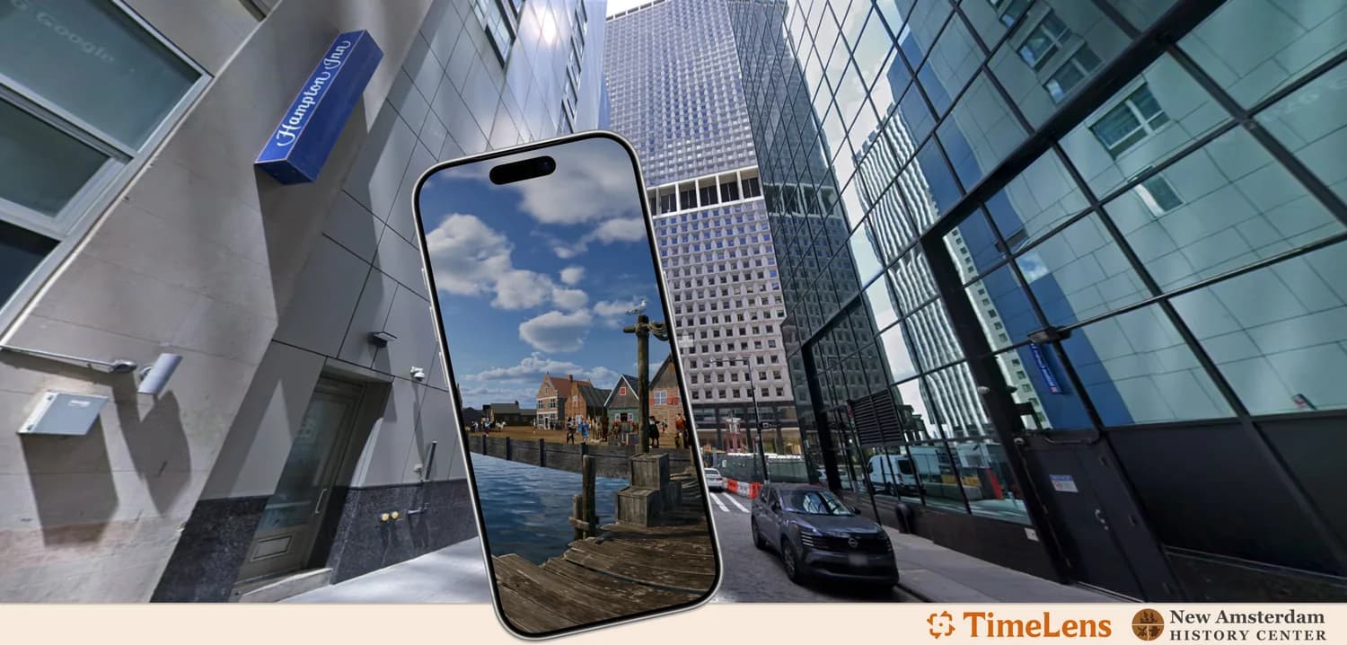 Phone showing the TimeLens reconstruction of the dock of New Amsterdam in 1660, held up among today's towers in lower Manhattan