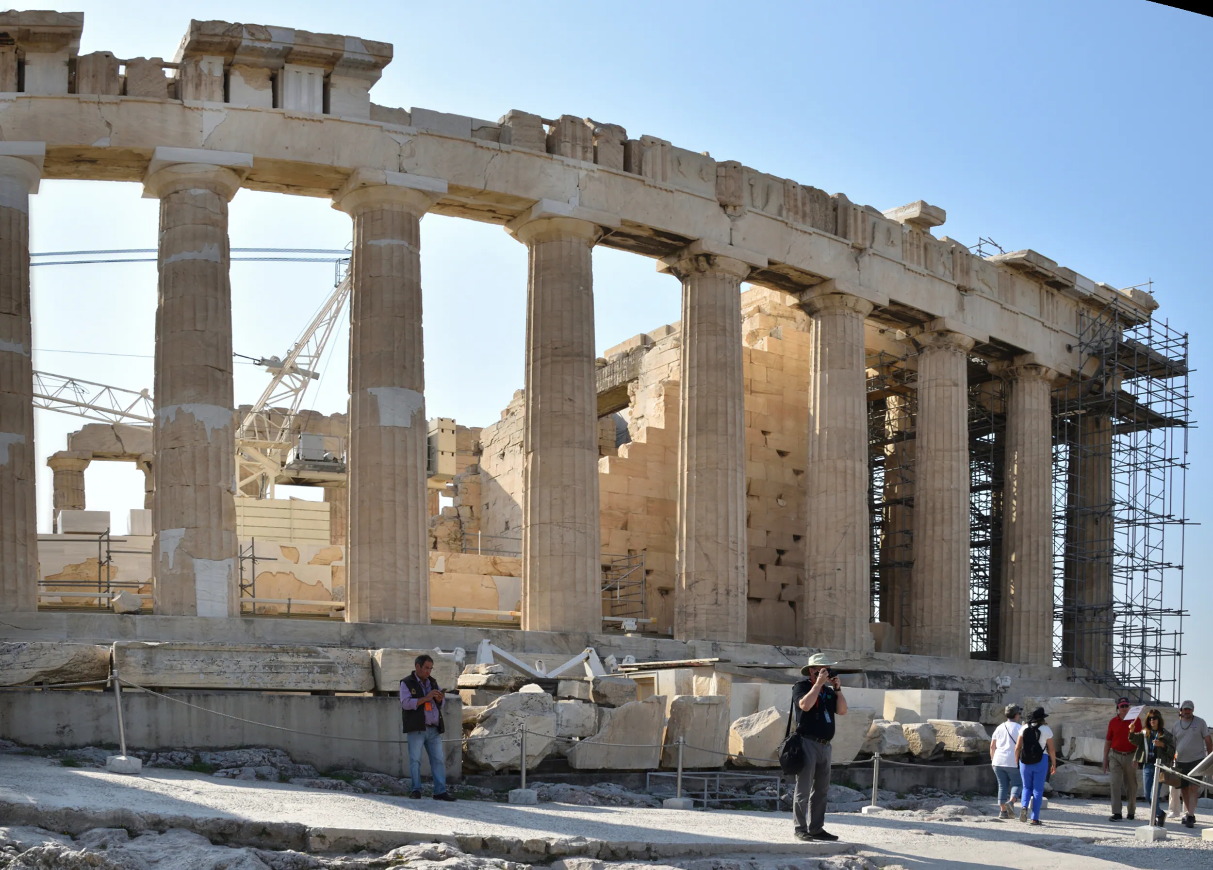 The Parthenon as it stands now, without colour and largely in ruins.
