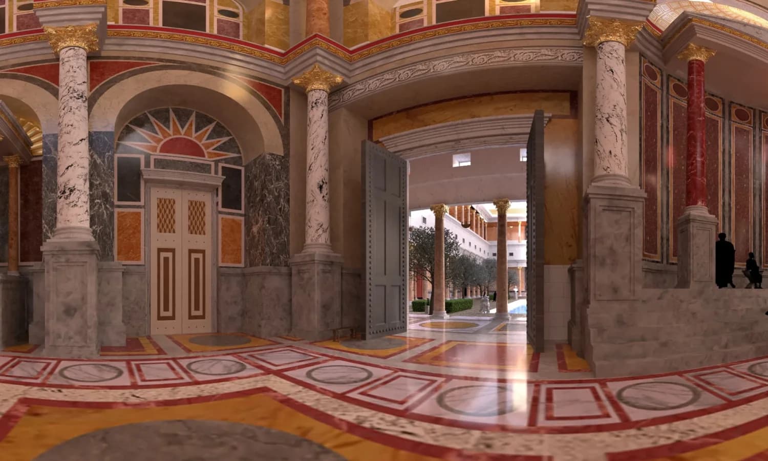 TimeLens reconstruction in Domitian's Palace, with the great bronze doors open onto the peristyle garden