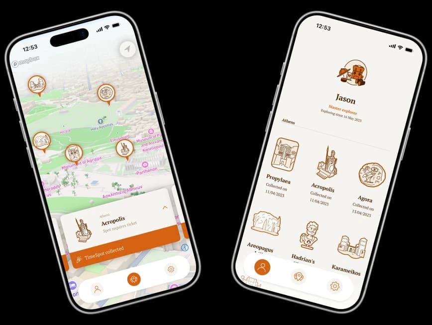 Impressie van de functies van de TimeLens app: kaart en badges