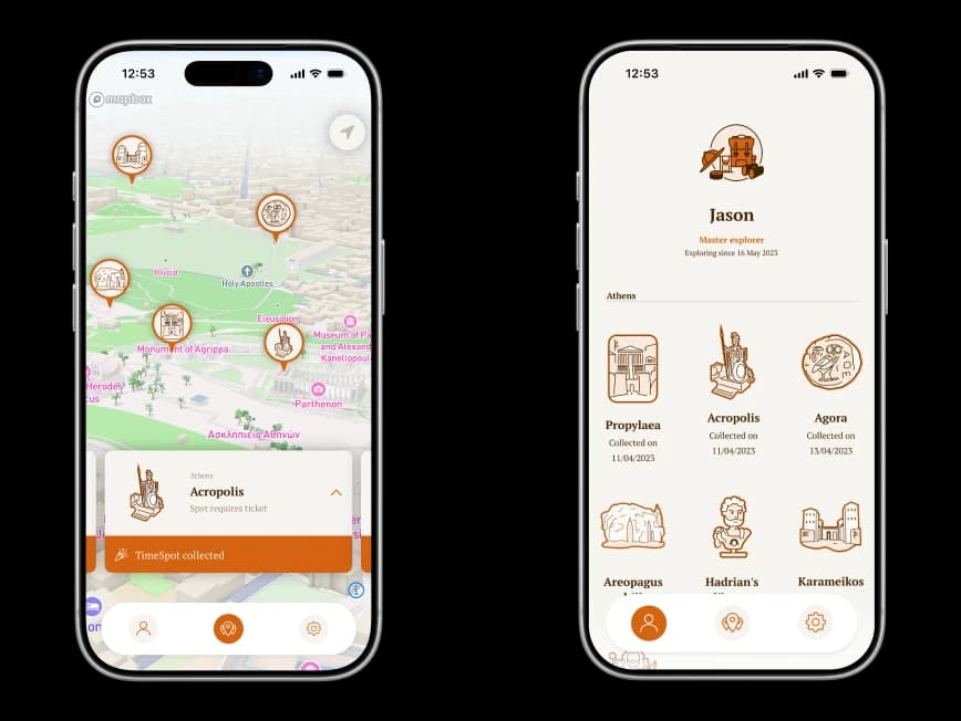 TimeLens app impressie van de functies: kaart en badges