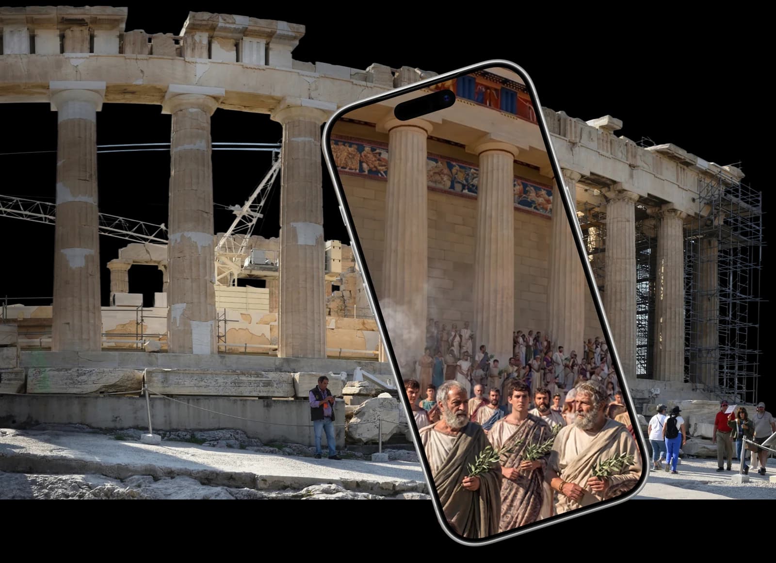 De TimeLens app op een telefoon toont het herstelde Parthenon, voor het Parthenon zoals het er nu bij staat