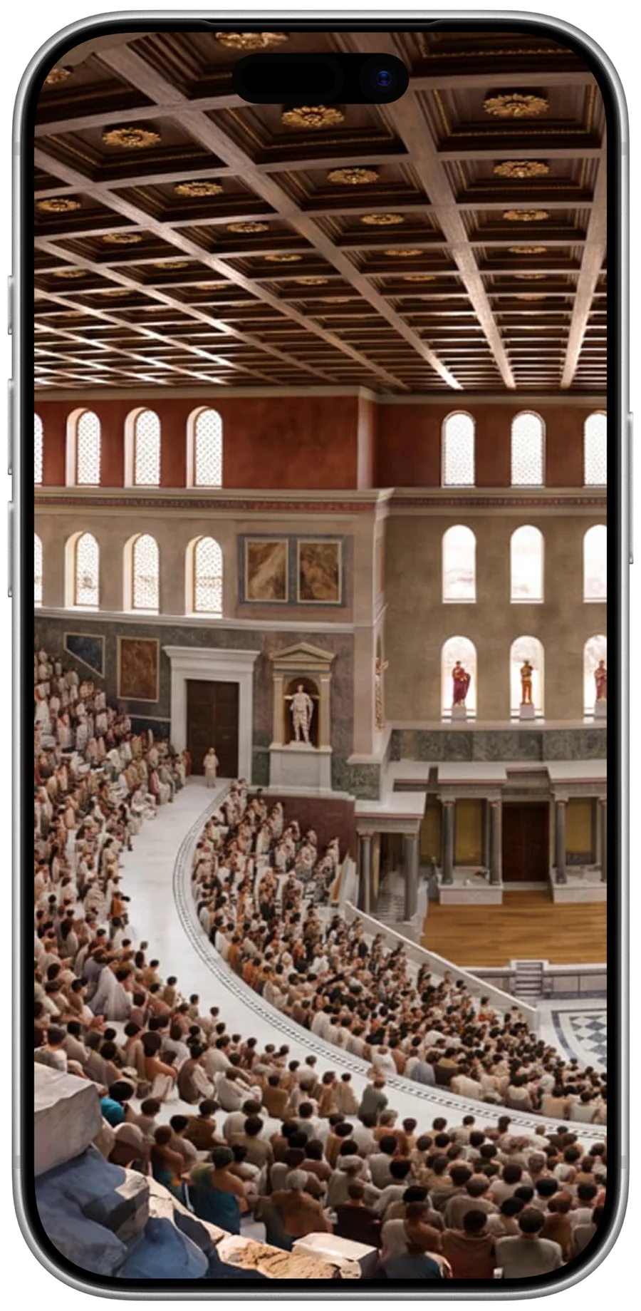 Telefoon met een TimeLens reconstructie van het Odeion van Herodes Atticus in Athene