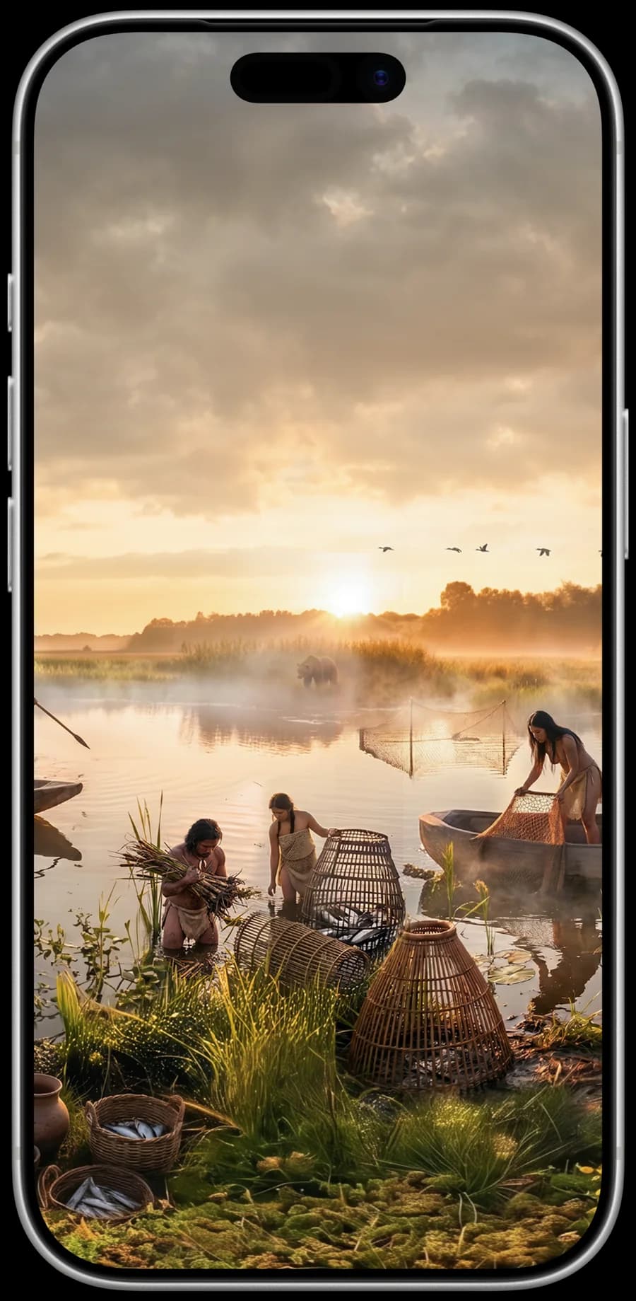 Telefoon met een TimeLens reconstructie van het prehistorische leven aan de rivier bij Borger