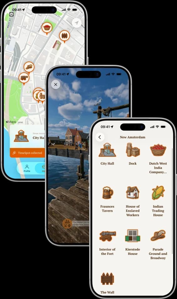 三部 iPhone 显示纽约的 TimeLens