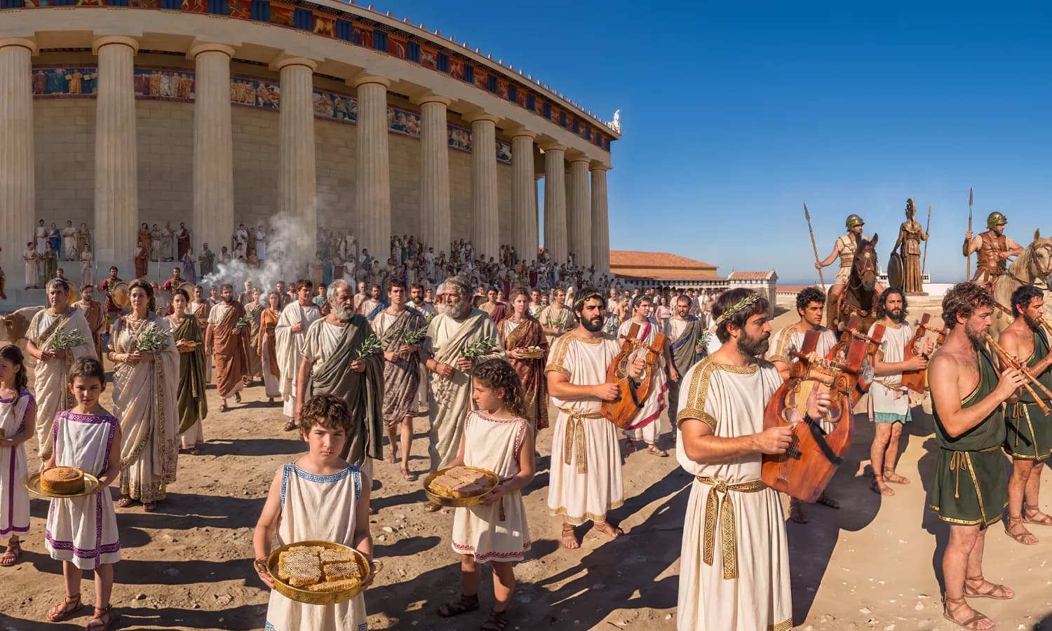 TimeLens reconstructie van de Akropolis tijdens de Panathenaeïsche processie, met zicht op het Parthenon